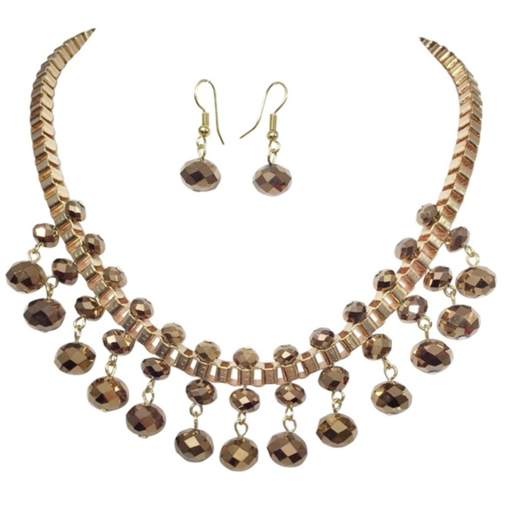Brown Glass Drop Box Chain Necklace Earrings Set